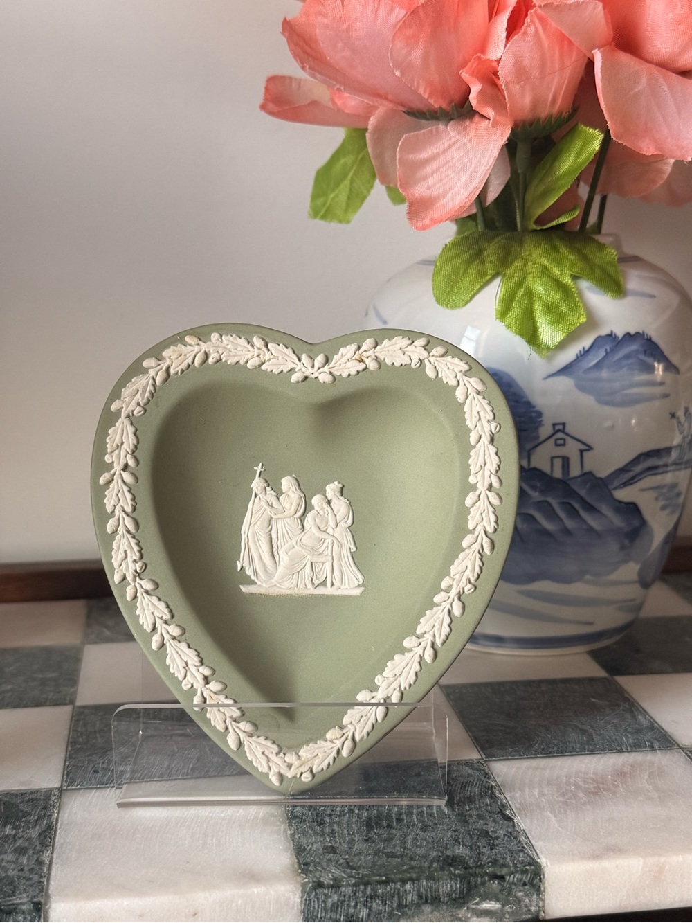 Wedgwood Sage Green Heart Jasperware Trinket Dish with White Relief
